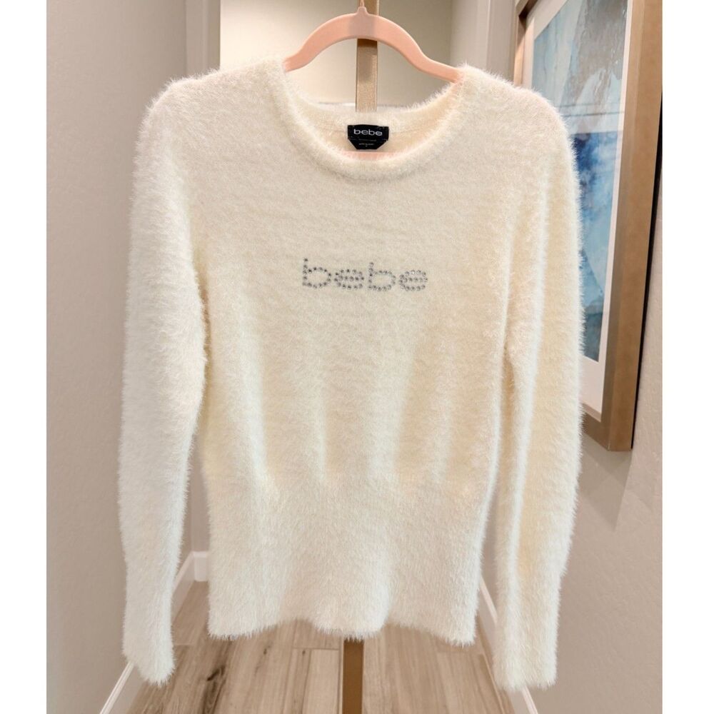 Bebe Y2K Ivory Fuzzy Rhinestone Logo Sweater M McBling NWOT